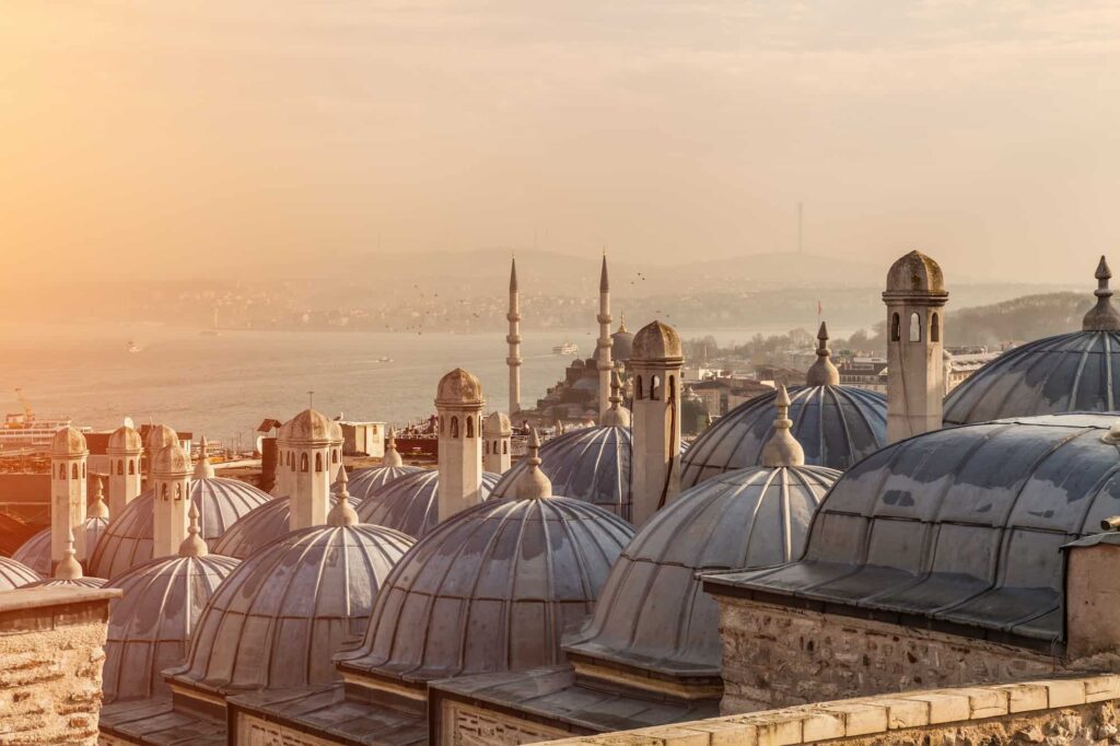 The domes of Suleymaniye Mosque, with the Bosphorus Strait and Galata Bridge in the distance.