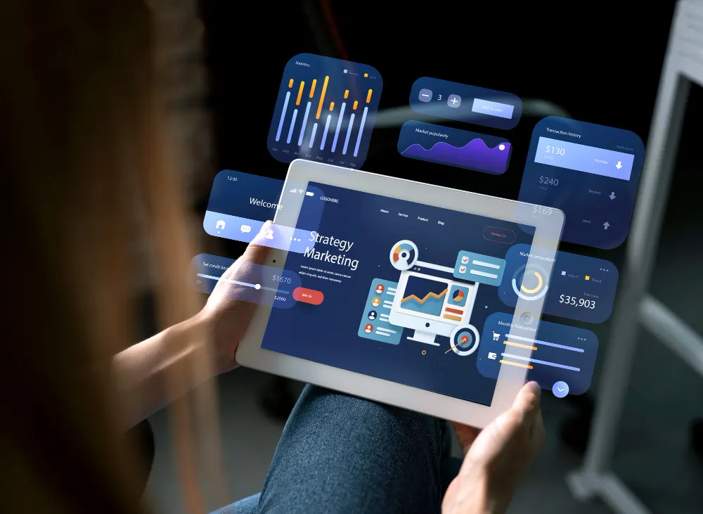 A person holds a tablet with a "Strategy Marketing" dashboard, surrounded by holographic data panels showing graphs and sales metrics.