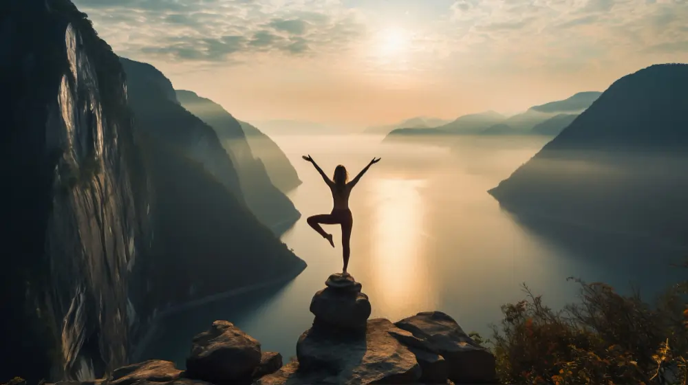 A person in a yoga pose on a cliff edge overlooks a serene, misty fjord and mountains at sunrise, symbolizing peace and perspective.