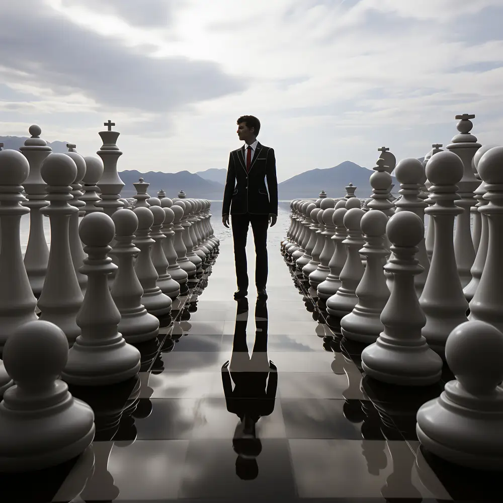 A man in a suit stands on a giant chessboard, surrounded by chess pieces, symbolizing the strategic steps to achieving goals.