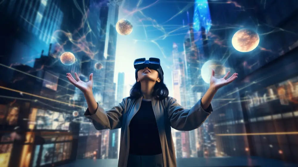 A woman wearing VR goggles with outstretched arms interacts with glowing digital orbs and futuristic cityscapes in a virtual reality environment.