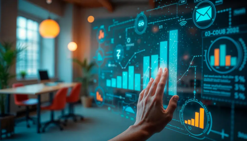 A hand interacts with a holographic digital display showing dynamic bar graphs and data, representing interactive visualization for goal tracking in an office setting.