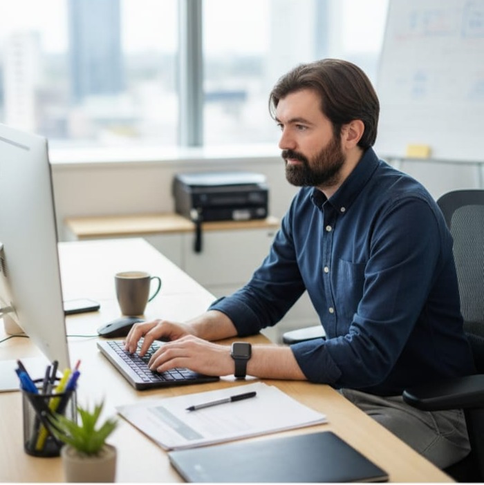 Vedam Bharath Suman, Director of JanakiBharath Software Solutions Pvt Ltd, working at his desk on a computer, contributing to his tech and lifestyle blog.