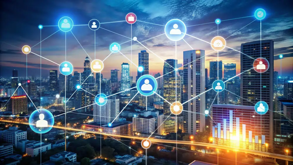 A central glowing sphere with radiating lines connecting to holographic icons representing data, e-commerce, and user profiles, symbolizing a powerful business network.
