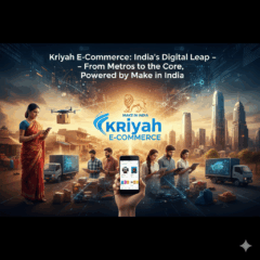 vibrant, minimalist graphic depicting India's e-commerce transformation. On the left, a traditional Indian woman uses a smartphone as a drone delivers a package to a village setting. On the right, a diverse group of Indian sellers in a semi-urban/rural outline manage packages, while a hand in the center holds a smartphone displaying an e-commerce app. The "Kriyah E-Commerce" and "Make in India" logos are prominently featured, connecting the urban and rural scenes.