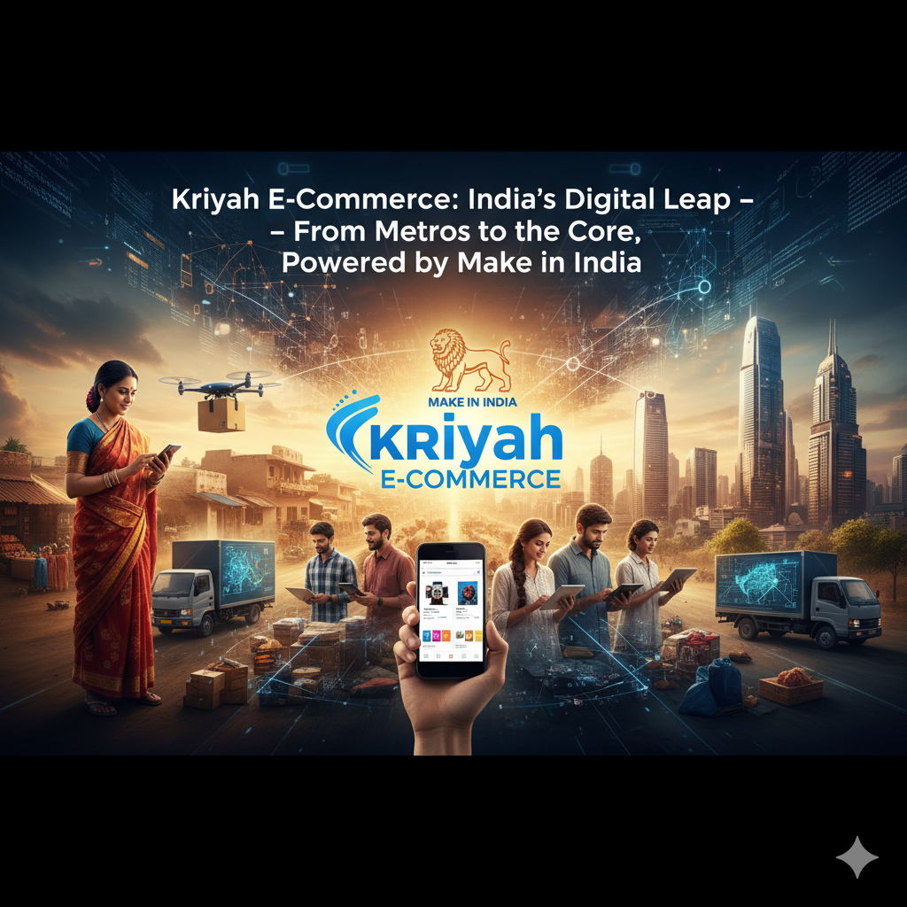 vibrant, minimalist graphic depicting India's e-commerce transformation. On the left, a traditional Indian woman uses a smartphone as a drone delivers a package to a village setting. On the right, a diverse group of Indian sellers in a semi-urban/rural outline manage packages, while a hand in the center holds a smartphone displaying an e-commerce app. The "Kriyah E-Commerce" and "Make in India" logos are prominently featured, connecting the urban and rural scenes.