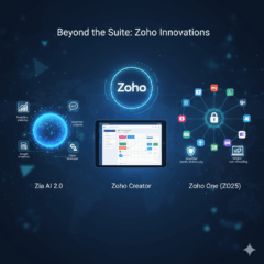 Latest Zoho products for business 2025 featuring the Zoho One unified platform, the new Zia AI assistant, and the Zoho Creator low-code application builder.